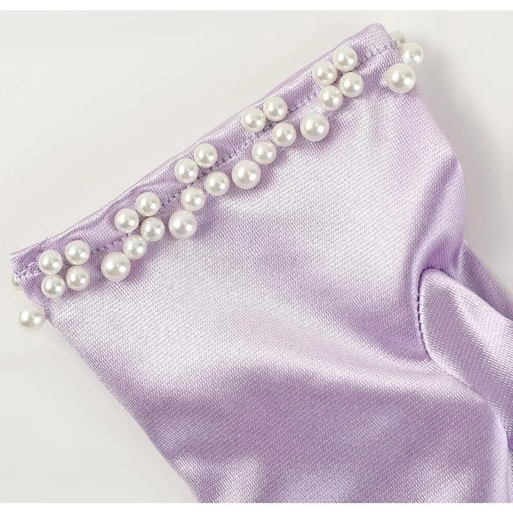 Women's Lavender Satin Pearl Short Length Gloves Wedding Banquet Party Prom